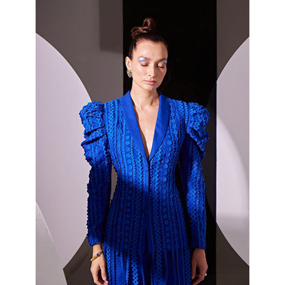 Vidhi Wadhwani Blue Maxim All Over Applique Jacket with Wide Pant (Set of 2)