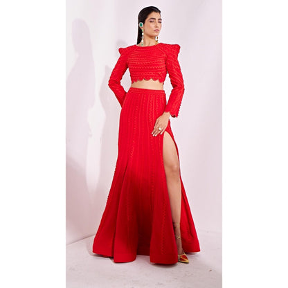 Vidhi Wadhwani Red Ania Top with Skirt (Set of 2)