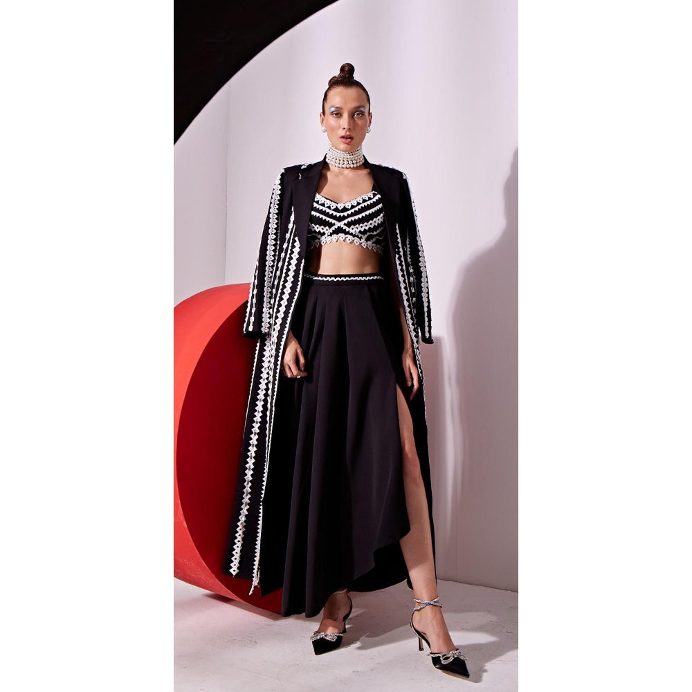 Vidhi Wadhwani Black Jashna Jacket with Drape Skirt and Bustier (Set of 3)