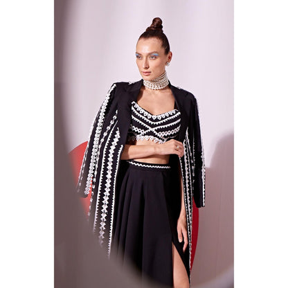 Vidhi Wadhwani Black Jashna Jacket with Drape Skirt and Bustier (Set of 3)