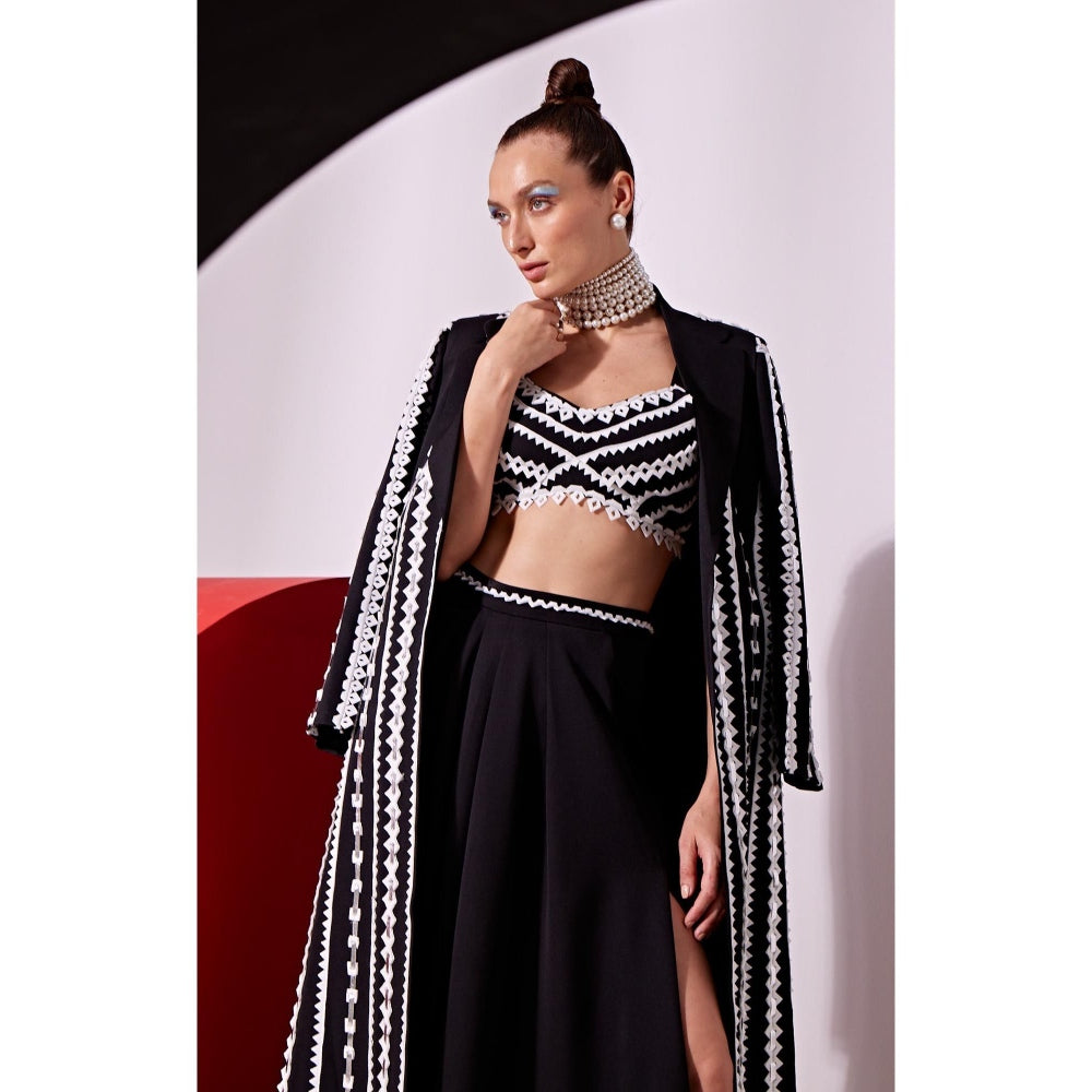 Vidhi Wadhwani Black Jashna Jacket with Drape Skirt and Bustier (Set of 3)