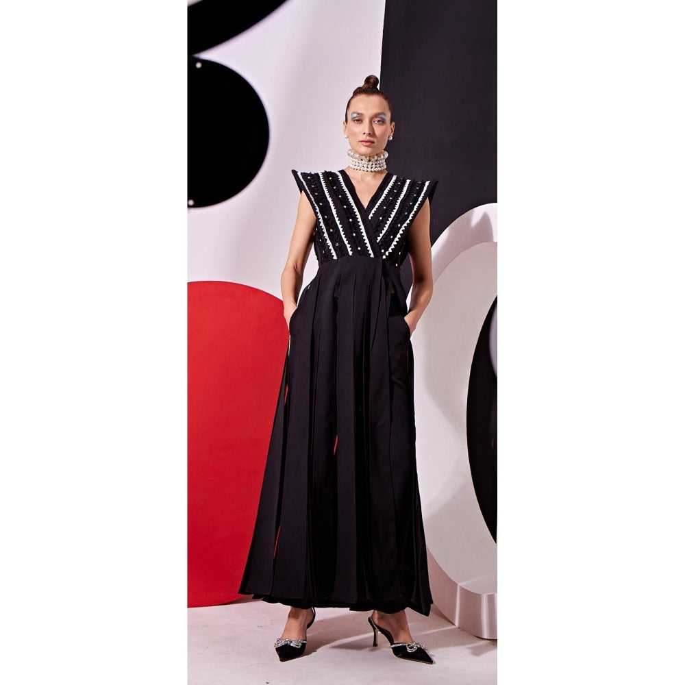 Vidhi Wadhwani Black Katie Panelled Top with Pant (Set of 2)