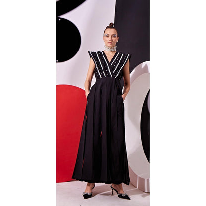 Vidhi Wadhwani Black Katie Panelled Top with Pant (Set of 2)