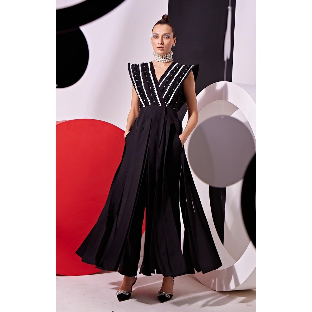 Vidhi Wadhwani Black Katie Panelled Top with Pant (Set of 2)