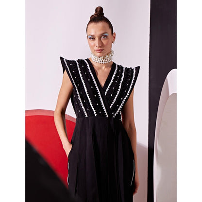 Vidhi Wadhwani Black Katie Panelled Top with Pant (Set of 2)