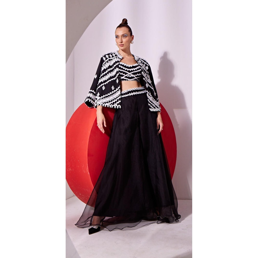 Vidhi Wadhwani Black Jia Jacket with Bustier and Palazzo (Set of 3)