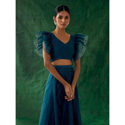 Vinusto Chanderi Handloom Skirt With Ruffle Top In Teal (Set of 2)