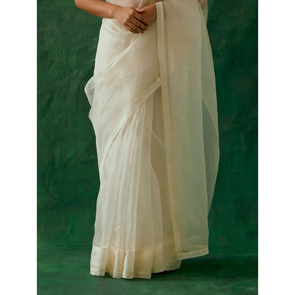 Vinusto White Embroidered Silk Saree with Stitched Blouse