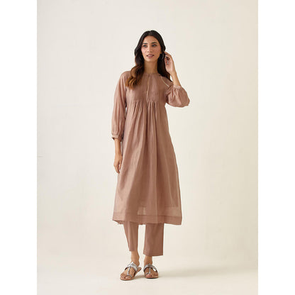 Vinusto Taupe Chanderi Raglan Sleeve Kurta with Pant and Slip (Set of 3)