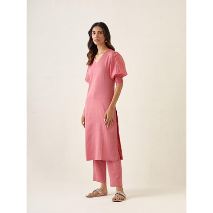 Vinusto Rose Pink Solid Chanderi Kurta with Pant (Set of 2)