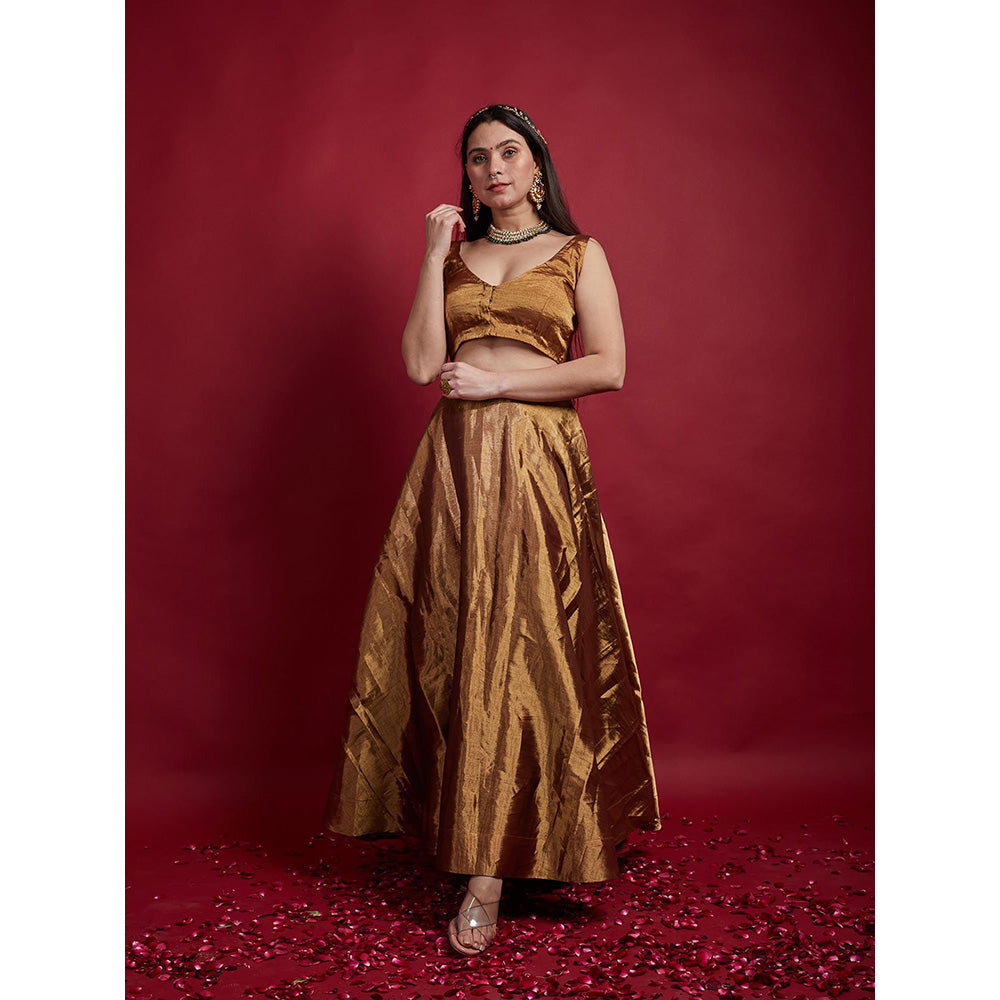 Vinusto Gold Solid Lehenga with V-Neck Blouse (Set of 2)