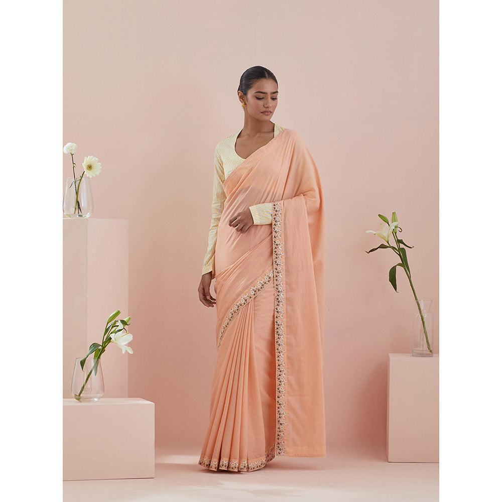 Vinusto Peach Cotton Embroidered Saree with Stitched Blouse