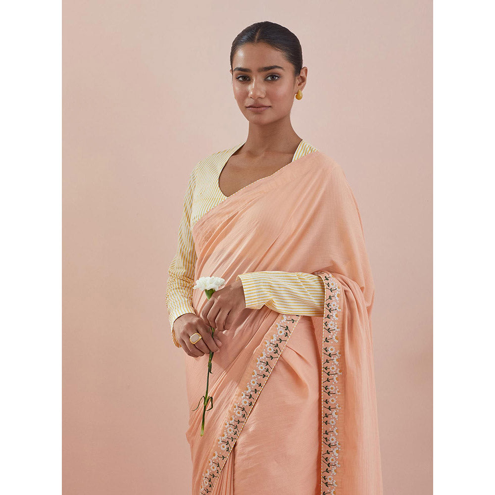 Vinusto Peach Cotton Embroidered Saree with Stitched Blouse