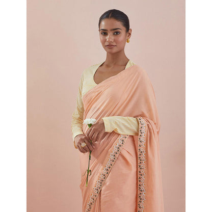 Vinusto Peach Cotton Embroidered Saree with Stitched Blouse