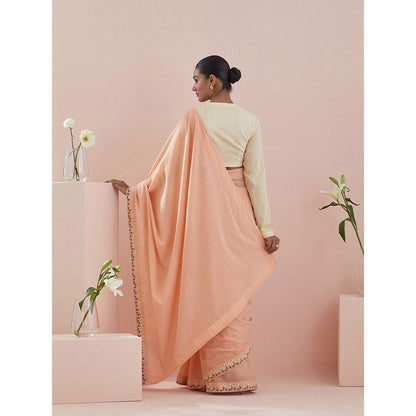 Vinusto Peach Cotton Embroidered Saree with Stitched Blouse