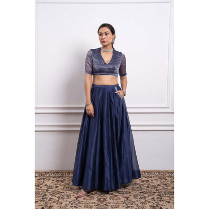 Vinusto Chanderi Embroidered Striped Blouse with Lehenga and Dupatta (Set of 3)