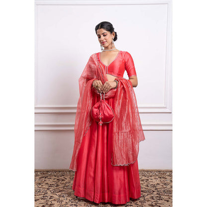 Vinusto Chanderi Embroidered Panelled Lehenga with Blouse and Dupatta (Set of 3)