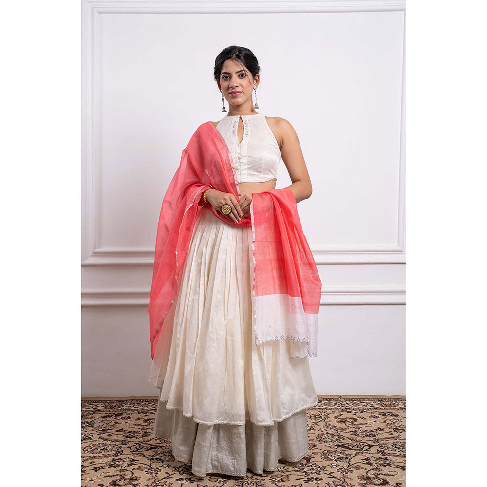 Vinusto Chanderi Embroidered Striped Blouse with Lehenga and Dupatta (Set of 3)