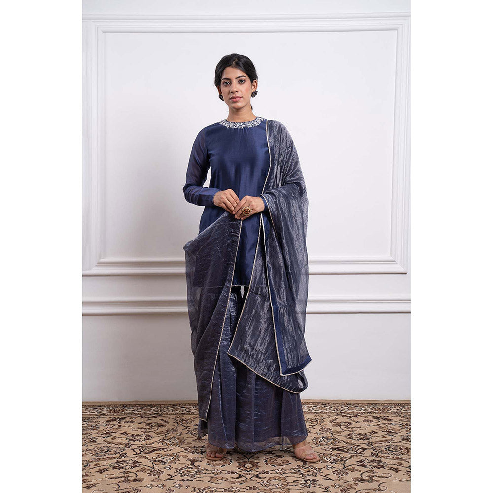 Vinusto Embroidered Zari Striped Chanderi Sharara with Kurta and Dupatta (Set of 3)