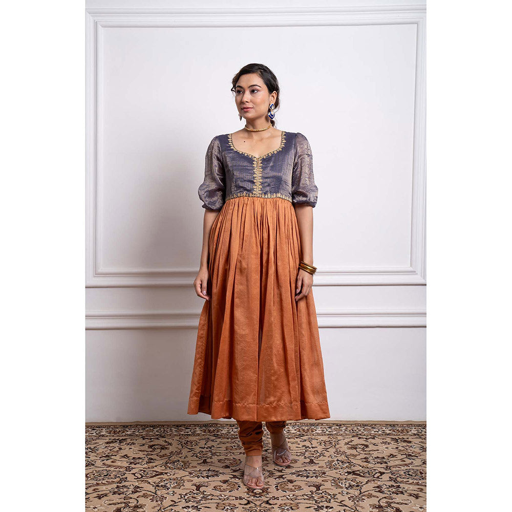 Vinusto Chanderi Embroidered Stripes Anarkali with Churidar and Dupatta (Set of 2)