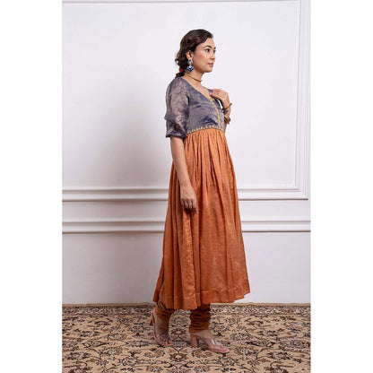 Vinusto Chanderi Embroidered Stripes Anarkali with Churidar and Dupatta (Set of 2)