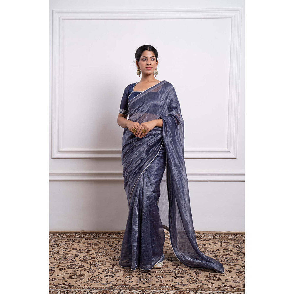 Vinusto Chanderi Striped Pearl Lace Details Saree and Stitched Blouse