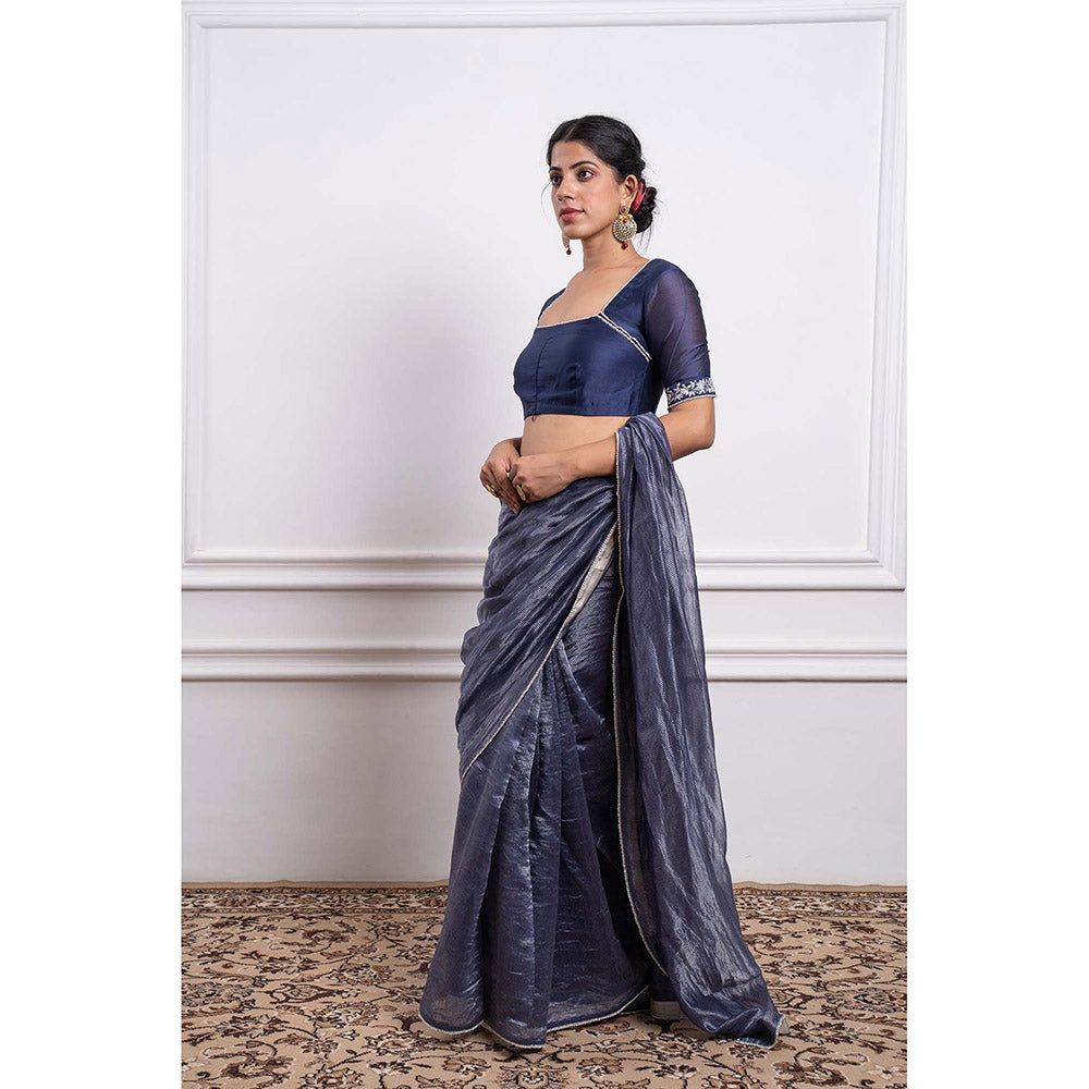 Vinusto Chanderi Striped Pearl Lace Details Saree and Stitched Blouse