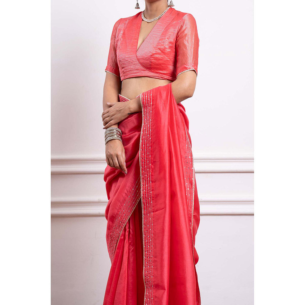 Vinusto Chanderi Zari Embroidered Saree with Stitched Blouse