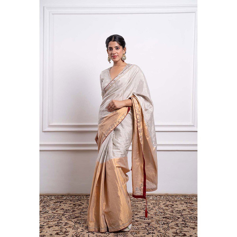 Vinusto Zari Silk Embroidered Saree and Stitched Blouse