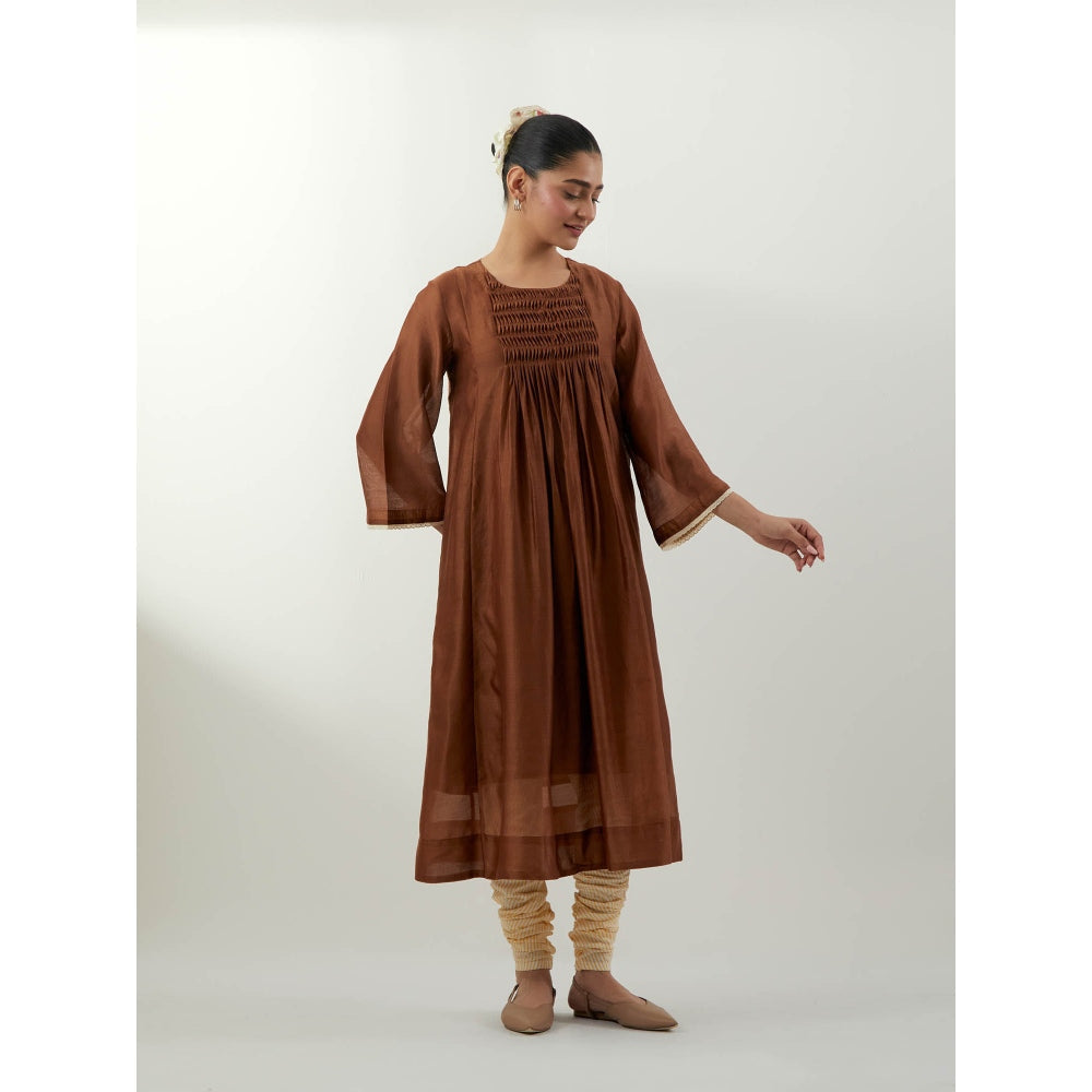 Vinusto Brown Pin Tuck Kurta with Slip and Churidar