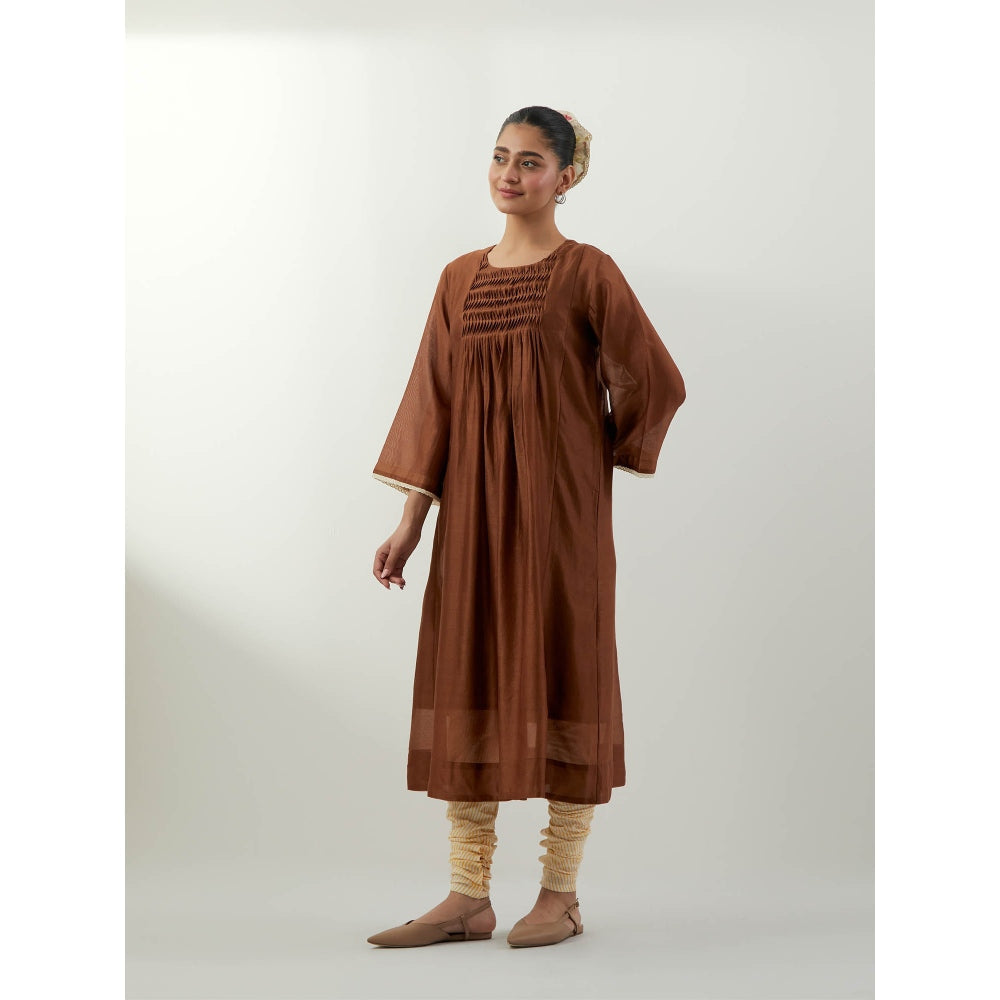 Vinusto Brown Pin Tuck Kurta with Slip and Churidar