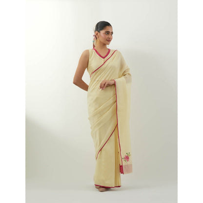 Vinusto Cream Ready To Wear Chanderi Saree with Stitched Blouse