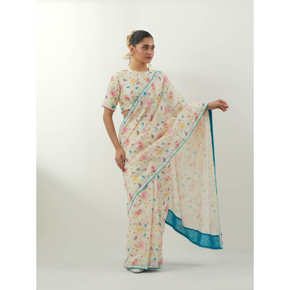 Vinusto Ivory Printed Saree with Stitched Blouse