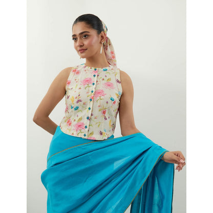 Vinusto Blue Chanderi Saree with Stitched Blouse