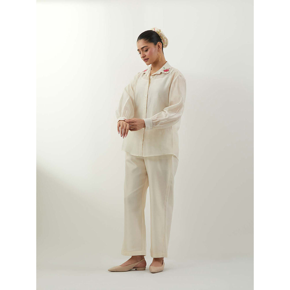Vinusto Embroidered Chanderi Ivory Shirt with Pant and Slip