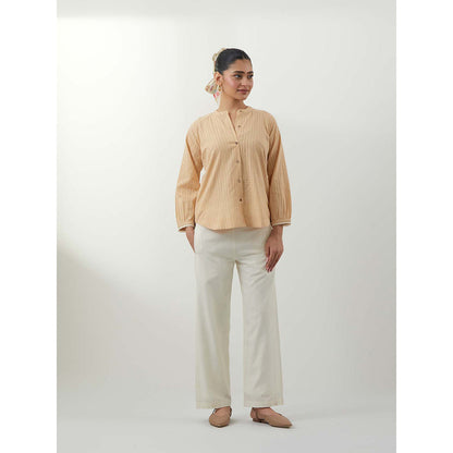 Vinusto Beige Shirt In Textured Cotton Off White Cotton Shirt with Pant