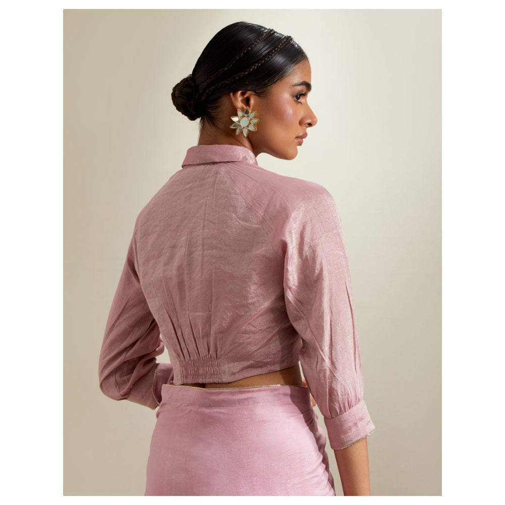 Vinusto Light Pink Chanderi Lace trims, Zari Saree with Stitched Blouse