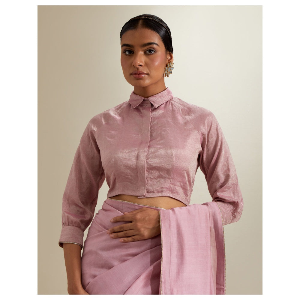 Vinusto Light Pink Chanderi Lace trims, Zari Saree with Stitched Blouse