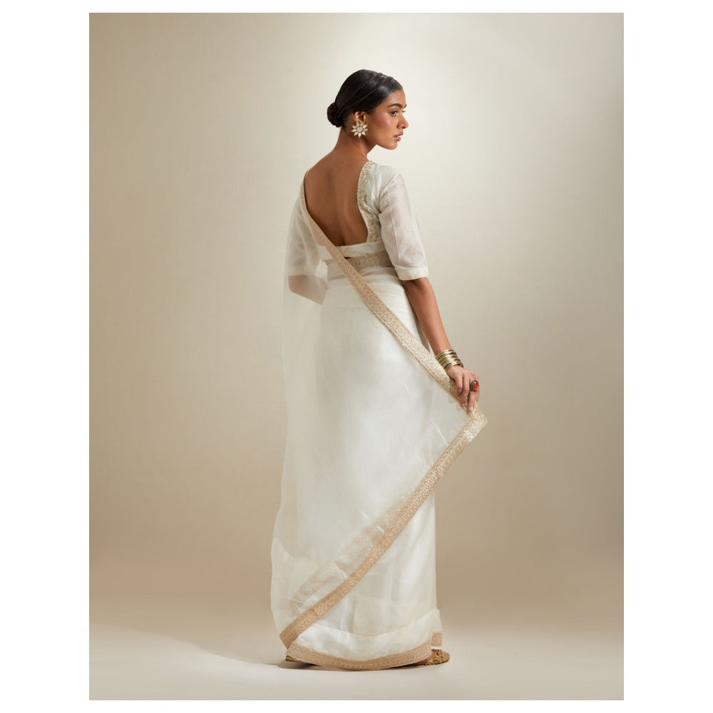 Vinusto Ivory Katan Embroidered Chanderi Saree with Stitched Blouse