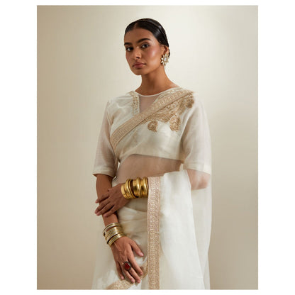 Vinusto Ivory Katan Embroidered Chanderi Saree with Stitched Blouse