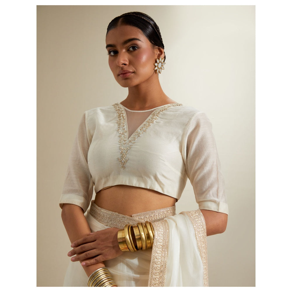 Vinusto Ivory Katan Embroidered Chanderi Saree with Stitched Blouse