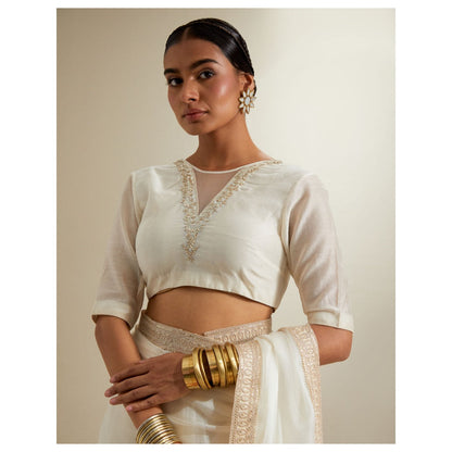Vinusto Ivory Katan Embroidered Chanderi Saree with Stitched Blouse