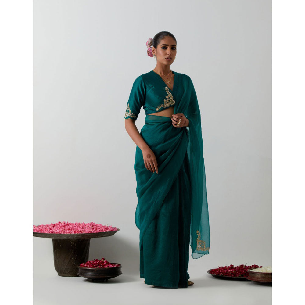 Vinusto Emerald Green Chanderi & Katan Silk Pre-Drape Saree with Stitched Blouse