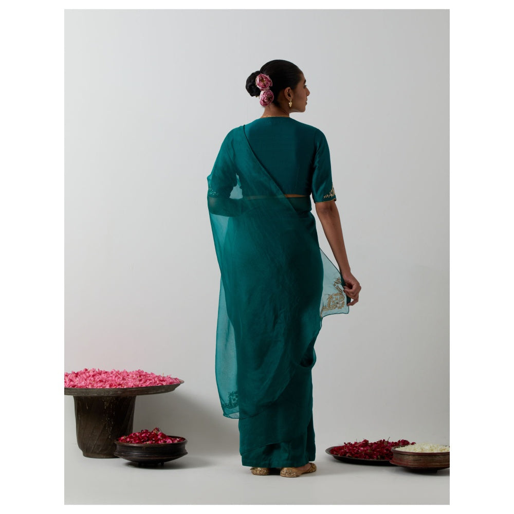 Vinusto Emerald Green Chanderi & Katan Silk Pre-Drape Saree with Stitched Blouse