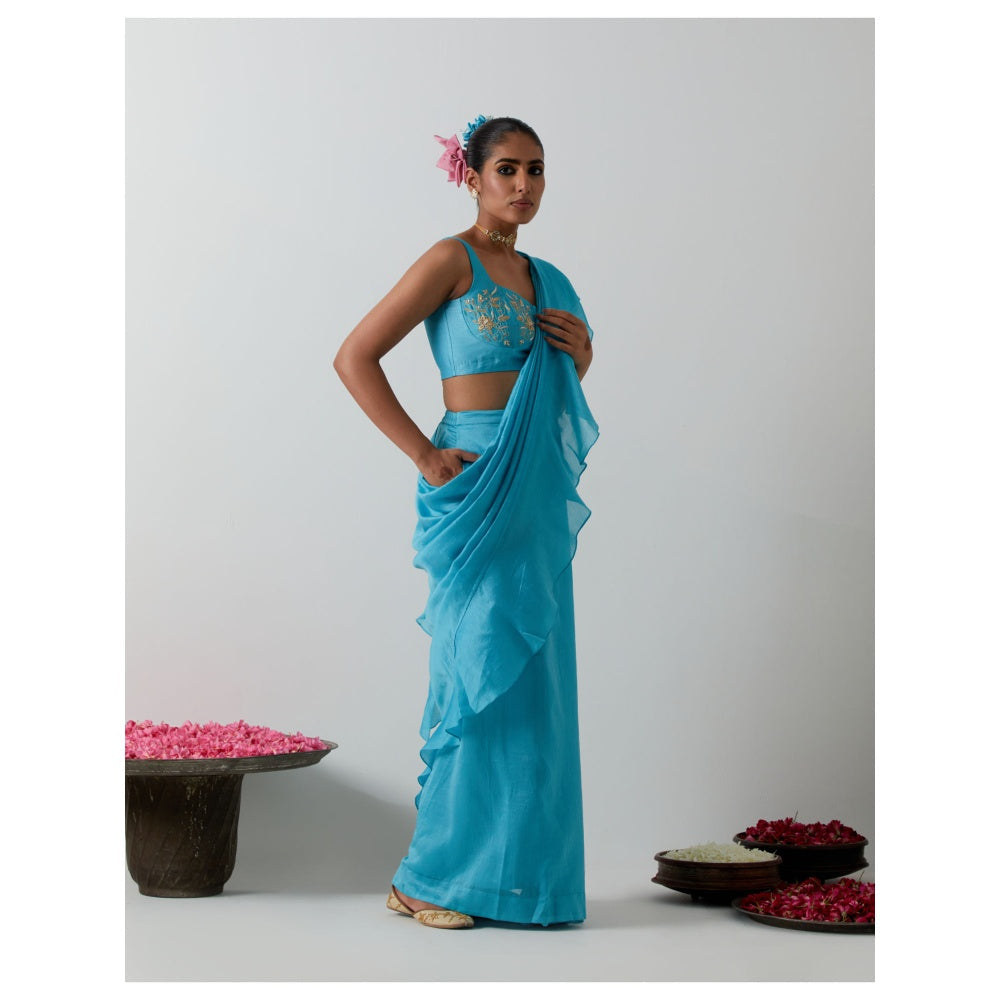 Vinusto Ready-to-Wear Chanderi Ruffled Pallu & Zardozi Saree with Stitched Blouse