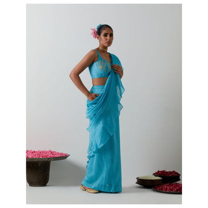 Vinusto Ready-to-Wear Chanderi Ruffled Pallu & Zardozi Saree with Stitched Blouse