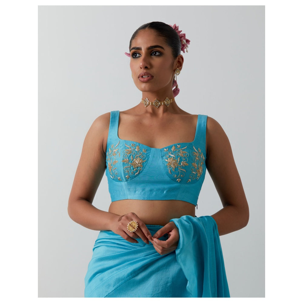 Vinusto Ready-to-Wear Chanderi Ruffled Pallu & Zardozi Saree with Stitched Blouse