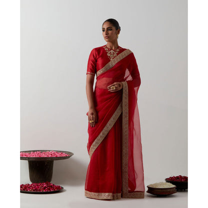 Vinusto Red Katan Organza Silk Hand-Embroidered Saree with Stitched Blouse