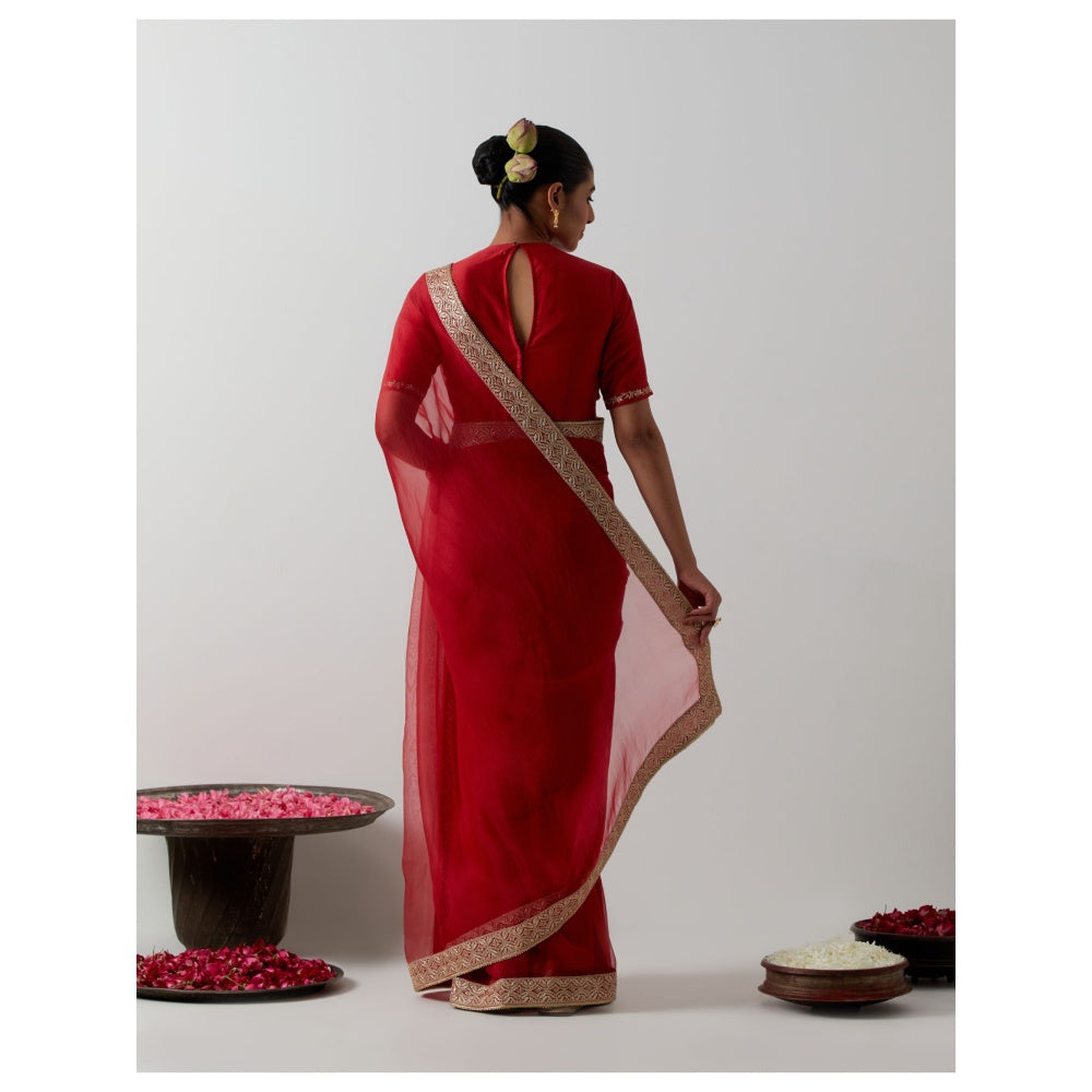 Vinusto Red Katan Organza Silk Hand-Embroidered Saree with Stitched Blouse