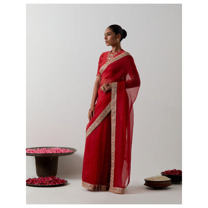 Vinusto Red Katan Organza Silk Hand-Embroidered Saree with Stitched Blouse